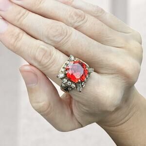 Red Glass Sterling Silver Gold Statement Cocktail Ring Deco Gothic 925 Size 7